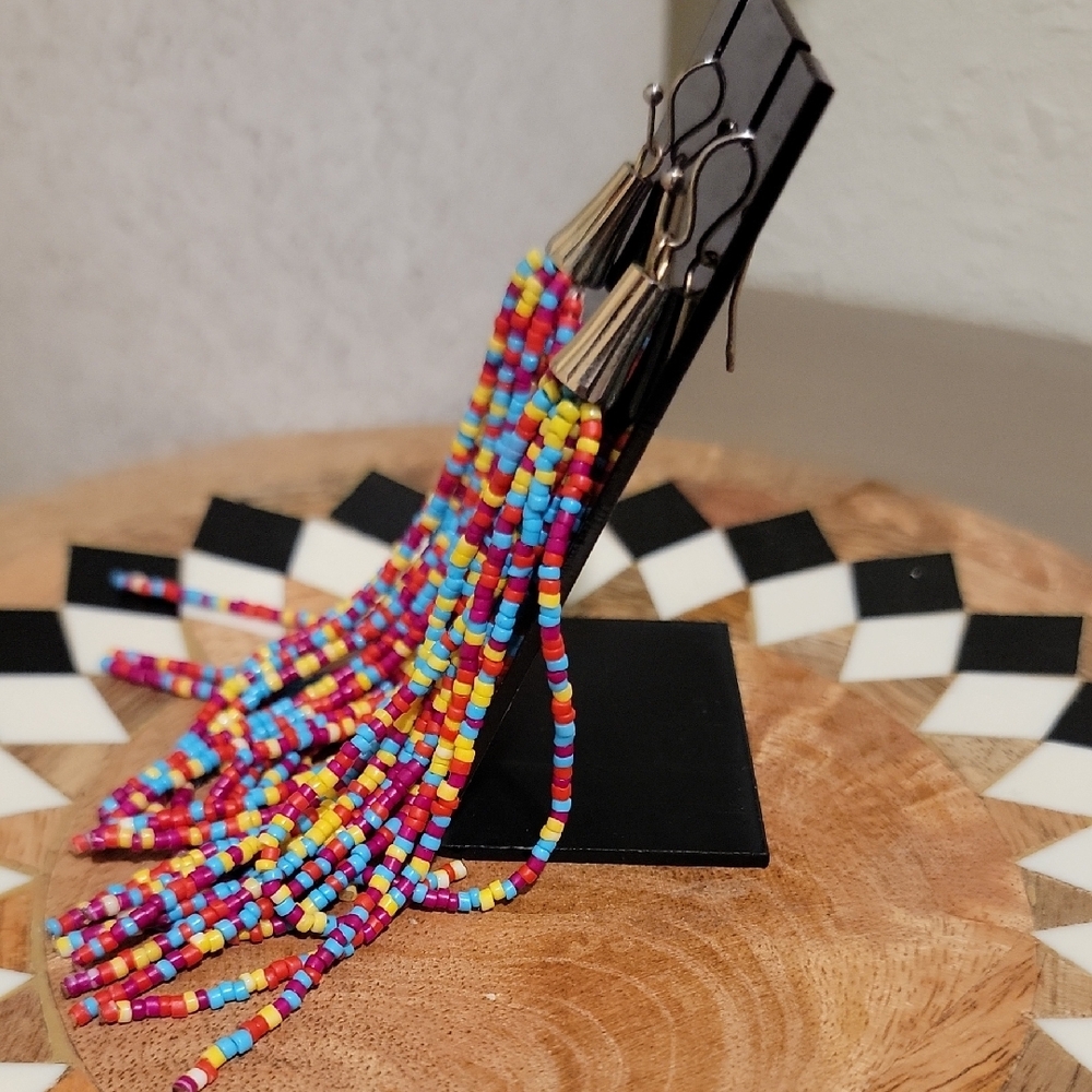 Vibrant Multicolor Beaded Tassel Earrings - Picture 3 of 4